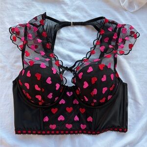 Victoria's Secret Valentine’s Day Corset Black Bra Pink Red Hearts Sz S NWT Sexy